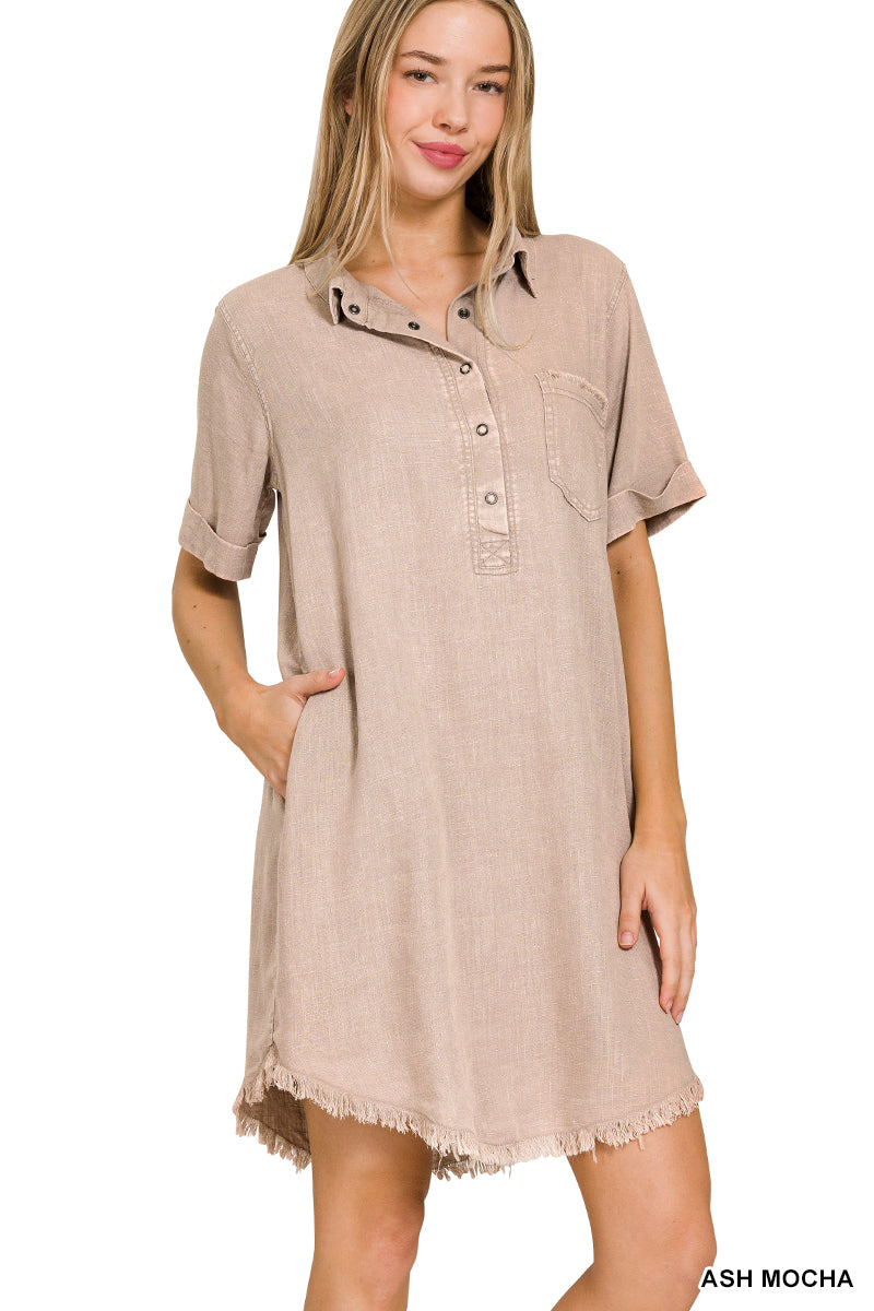 WASHED LINEN RAW EDGE BUTTON DOWN V-NECK DRESS