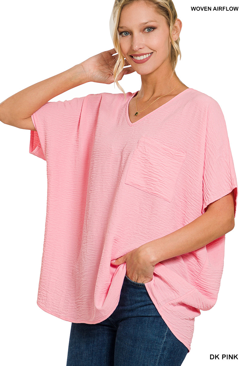 Woven airflow v-neck dolman short sleeve top