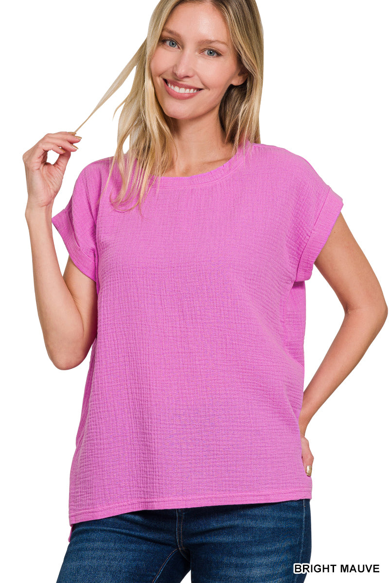 Double gauze round neck folded short sleeve top