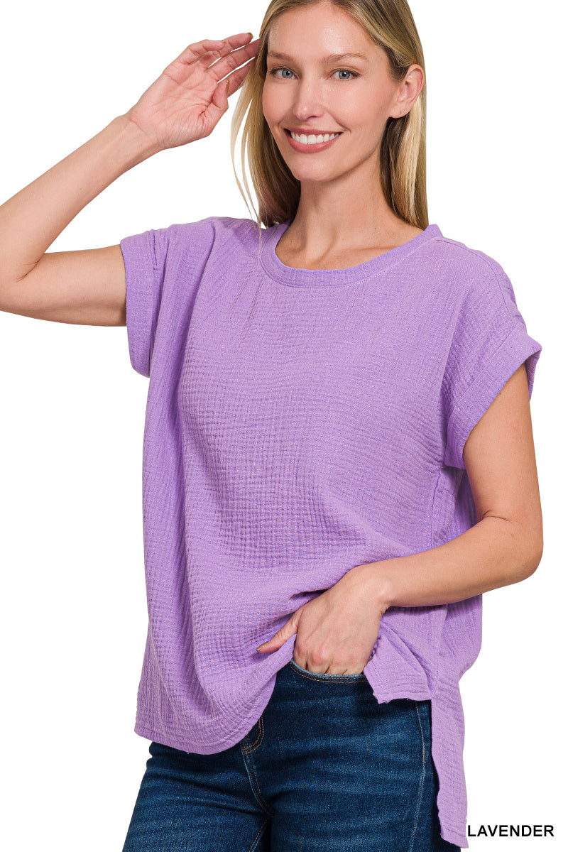 Double gauze round neck folded short sleeve top