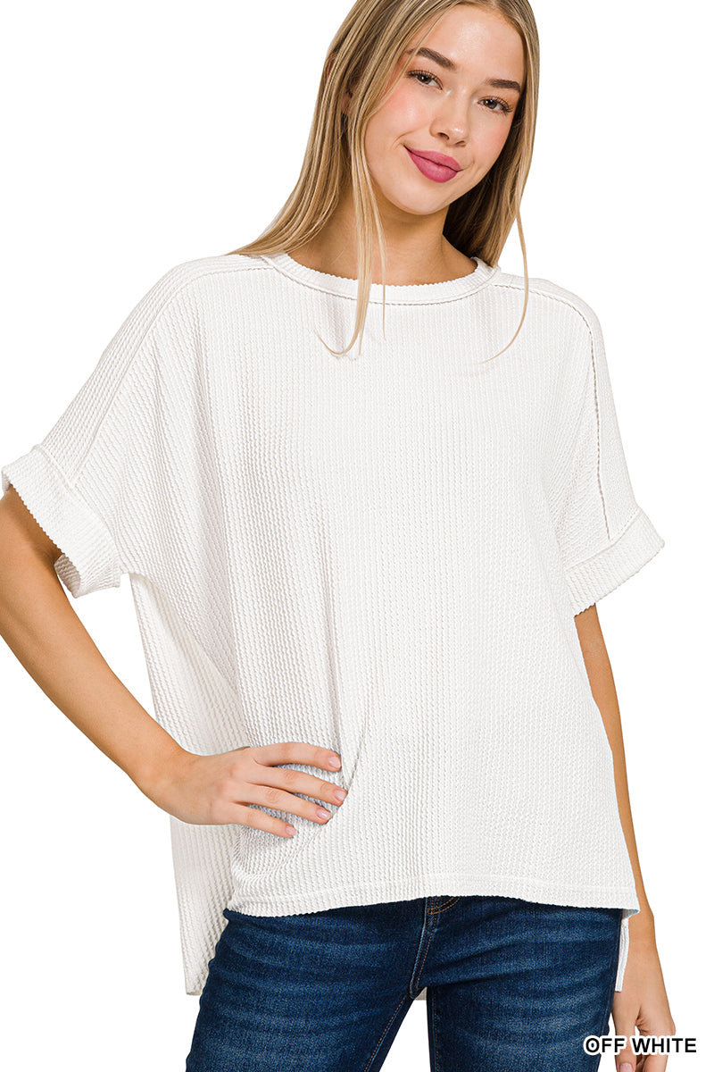 Corded rib cuff sleeve raw edge top