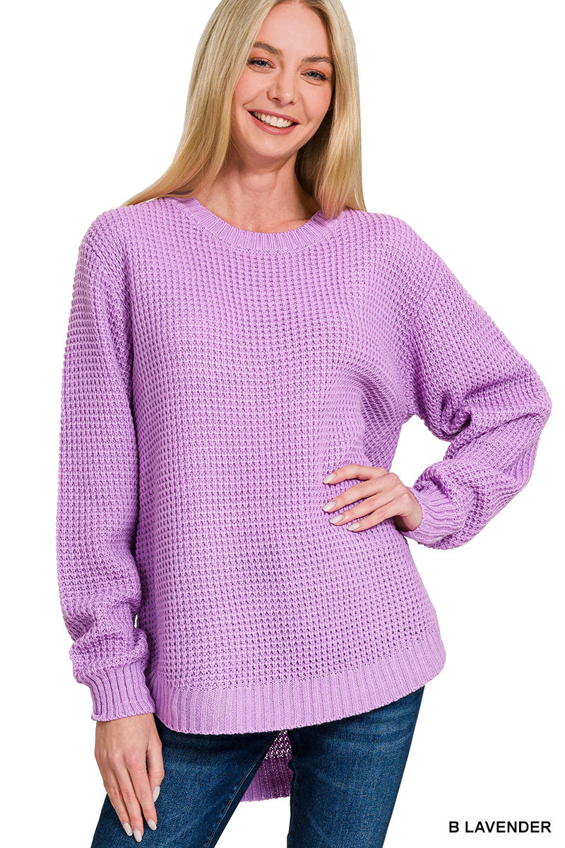 Hi-low long sleeve round neck waffle sweater