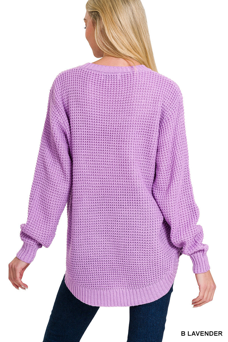 Hi-low long sleeve round neck waffle sweater