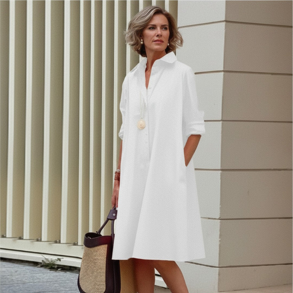 Women's Shirt Dress Button Front V-Neck Collar - Weekend Errands