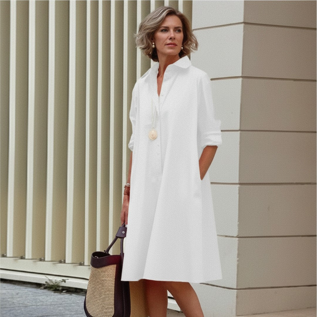 Women's Shirt Dress Button Front V-Neck Collar - Weekend Errands
