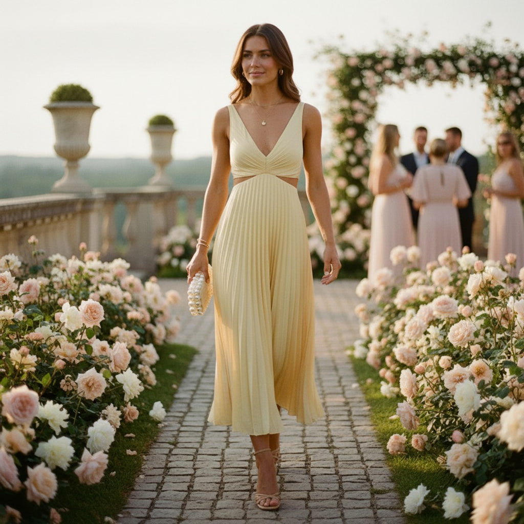 Marisol | Women's V-Neck Pleated Maxi Dress - Wedding Guest