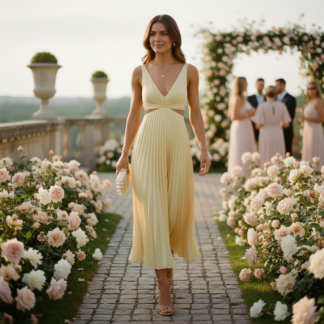 Marisol | Women's V-Neck Pleated Maxi Dress - Wedding Guest