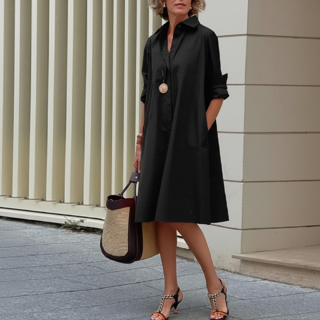 Women's Shirt Dress Button Front V-Neck Collar - Weekend Errands