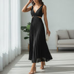 Marisol | Women's V-Neck Pleated Maxi Dress - Wedding Guest