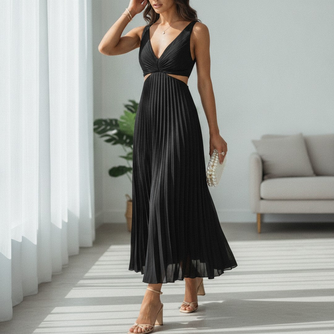 Marisol | Women's V-Neck Pleated Maxi Dress - Wedding Guest