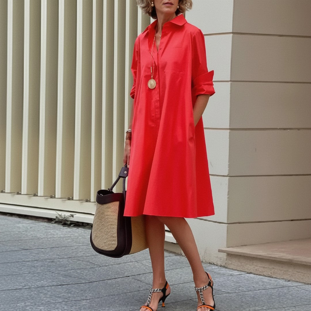 Women's Shirt Dress Button Front V-Neck Collar - Weekend Errands