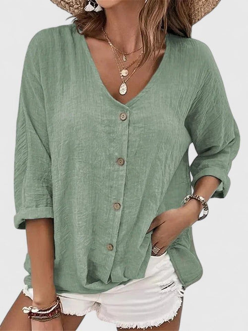 Elena | Women's V-Neck Button Front Blouse - Weekend Errands