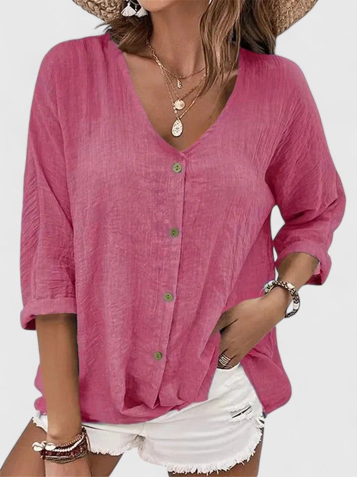 Elena | Women's V-Neck Button Front Blouse - Weekend Errands
