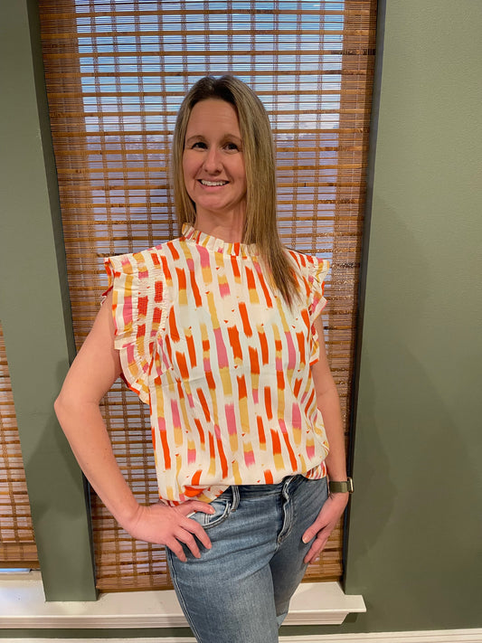 Printed top with Frill Neck