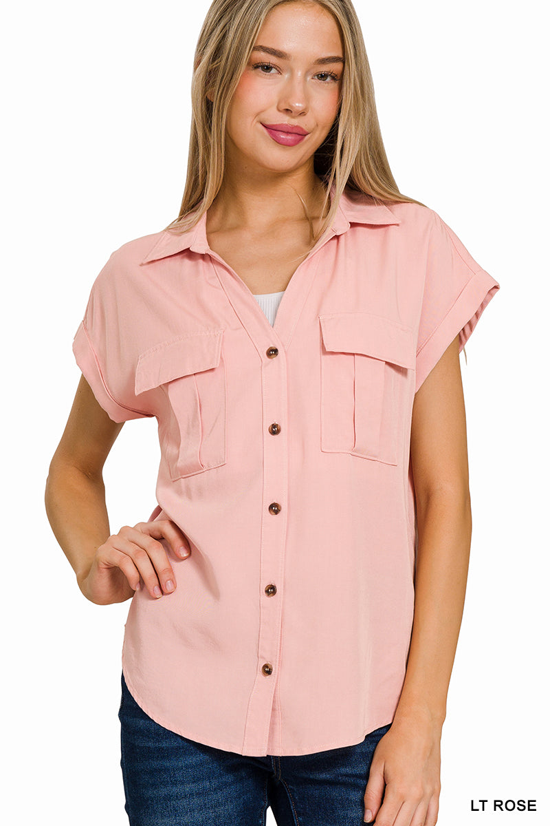 TENCEL V-NECK COLLARED TOP W FRONT FLAP POCKETS