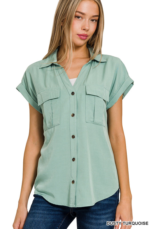 TENCEL V-NECK COLLARED TOP W FRONT FLAP POCKETS